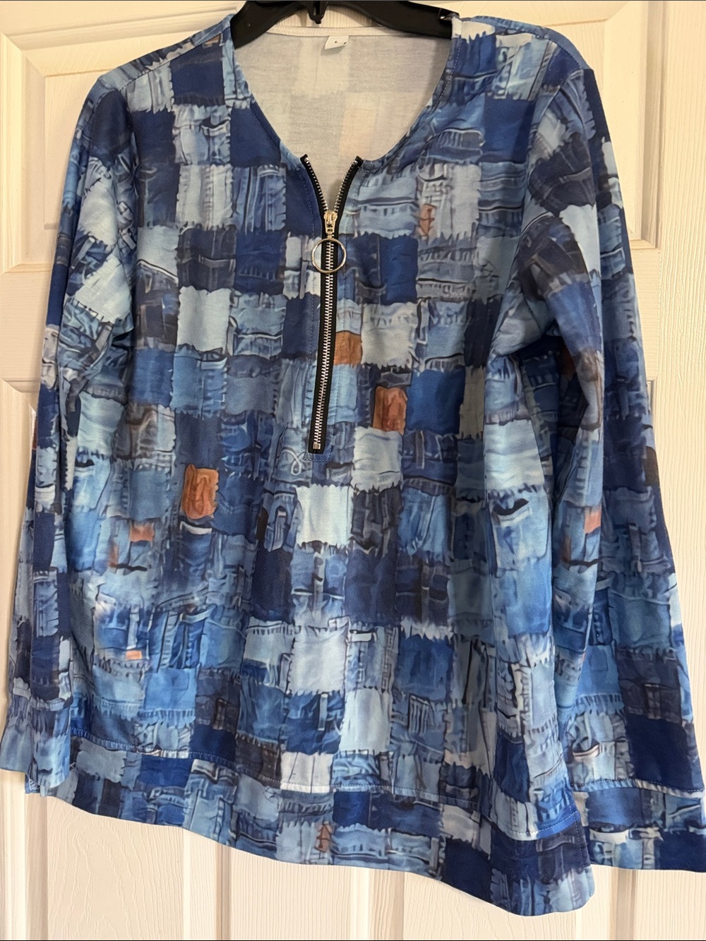 Blue Patchwork-Print Zip Front Top